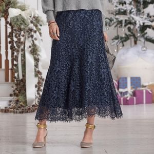 Sundance Floral Lace Overlay Midi Skirt Navy Blue